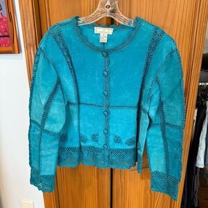 Vintage S.M.H. Suede Jacket Blue Womens Medium Boho Leather Crochet Lace Retro